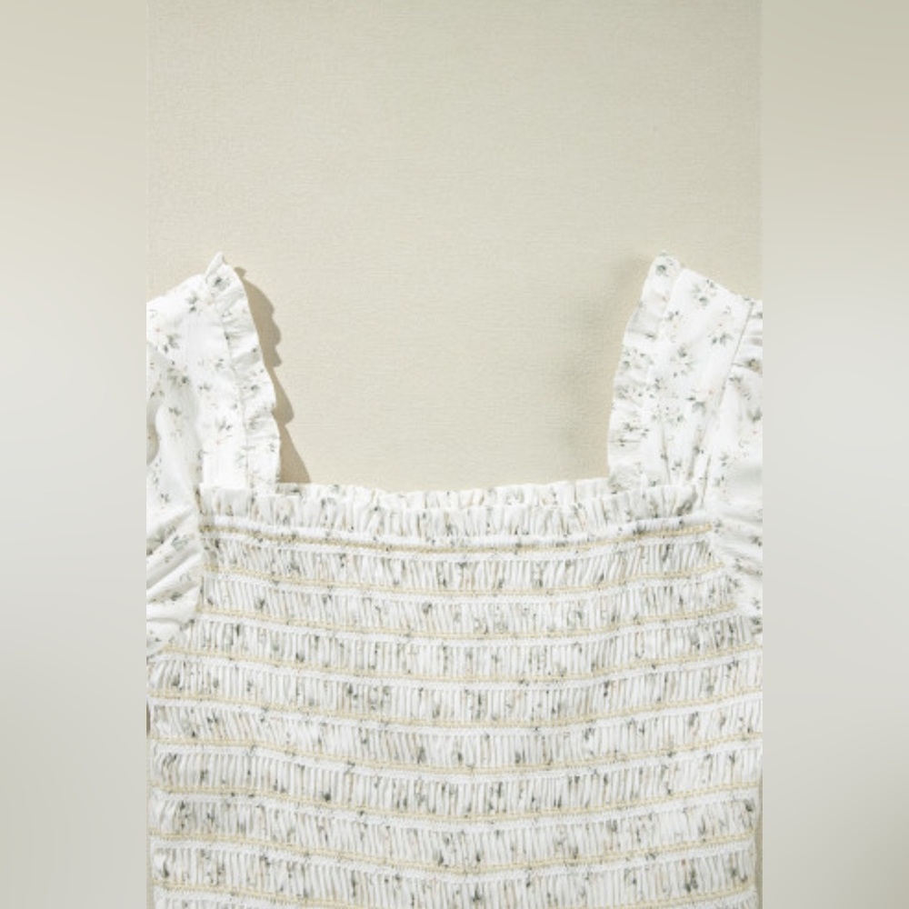 White Boho Floral Smocked Wide Leg Short Puff Sleeve Jumpsuit - Picture 4 of 7